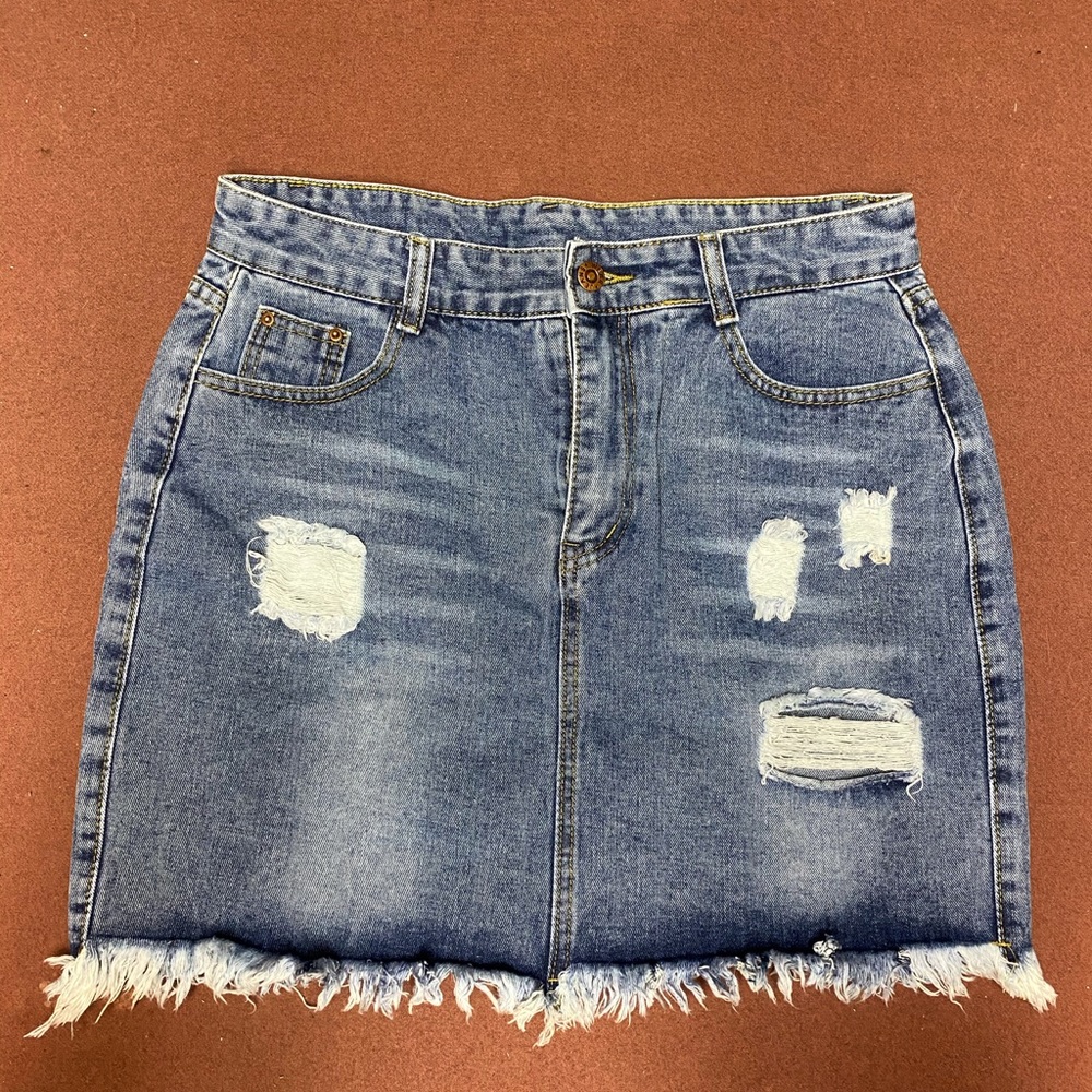 Distressed jean skirt